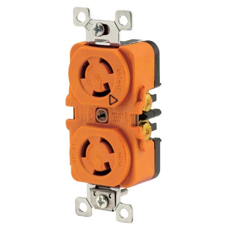 BRYANT Locking Device, Duplex Receptacle, 15A 125V, 2-Pole 3-Wire Grounding, L5- 15R, ScrewTerminal, Orange 4700DRIG